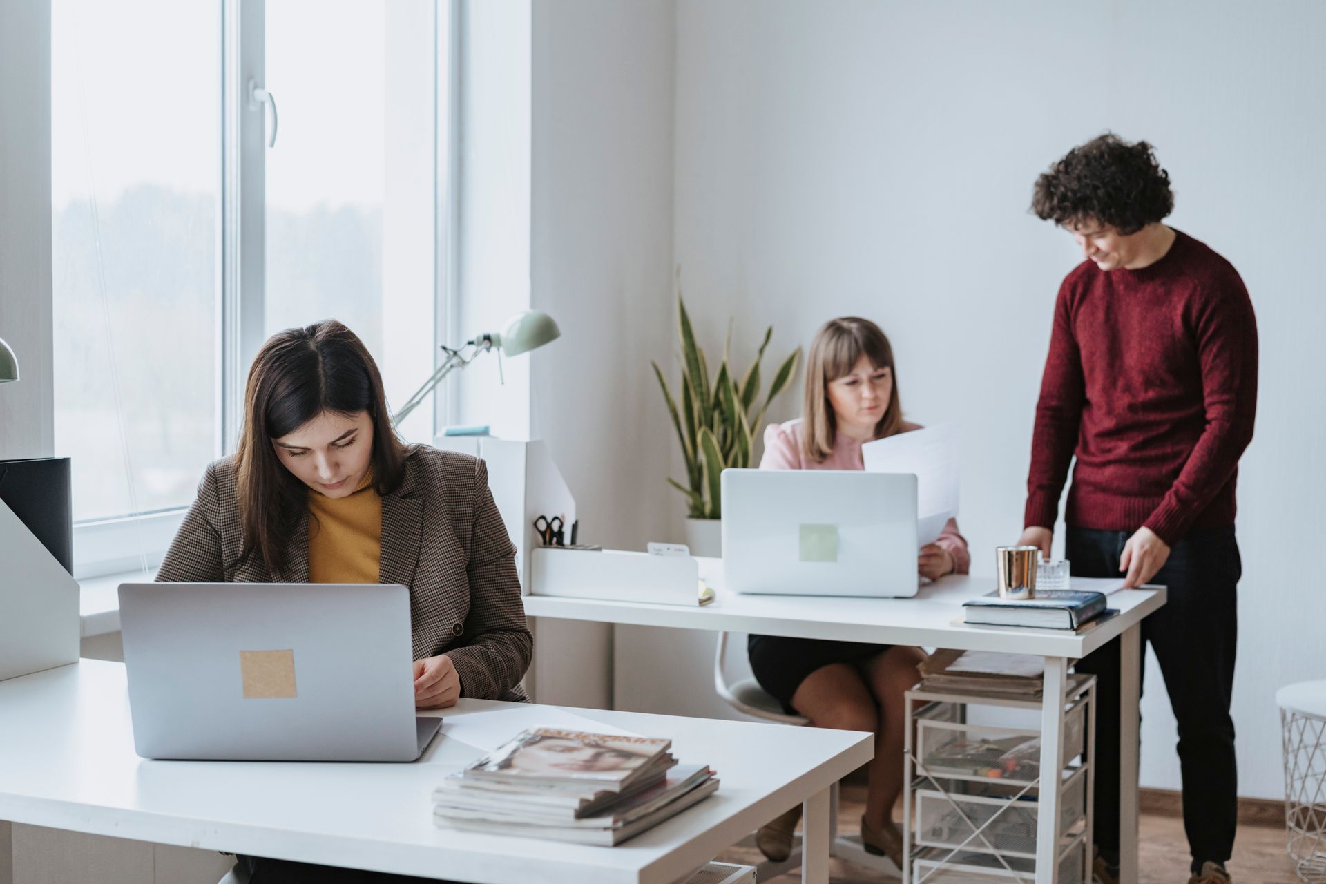 Colleagues working at desks in a bright open office
